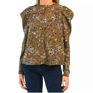 Rachel Zoe size large dark green paisley botanical ruffle collar puff sleeve top